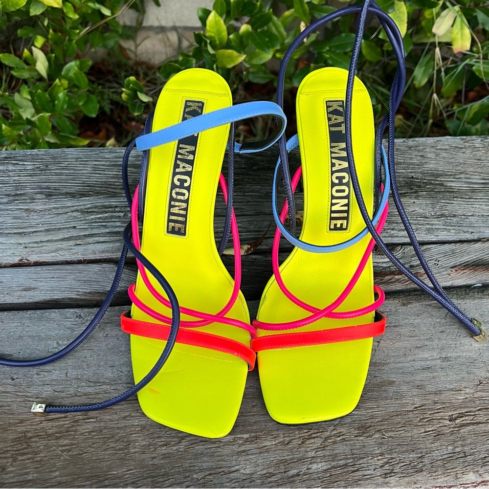 Kat Maconie Ashleigh Neon Yellow Pink Strappy Heels - Picture 4 of 14